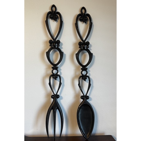 Vintage Sexton Cast Metal Large FORK & SPOON Retro WALL ART Hanger Black 27" - Picture 1 of 11